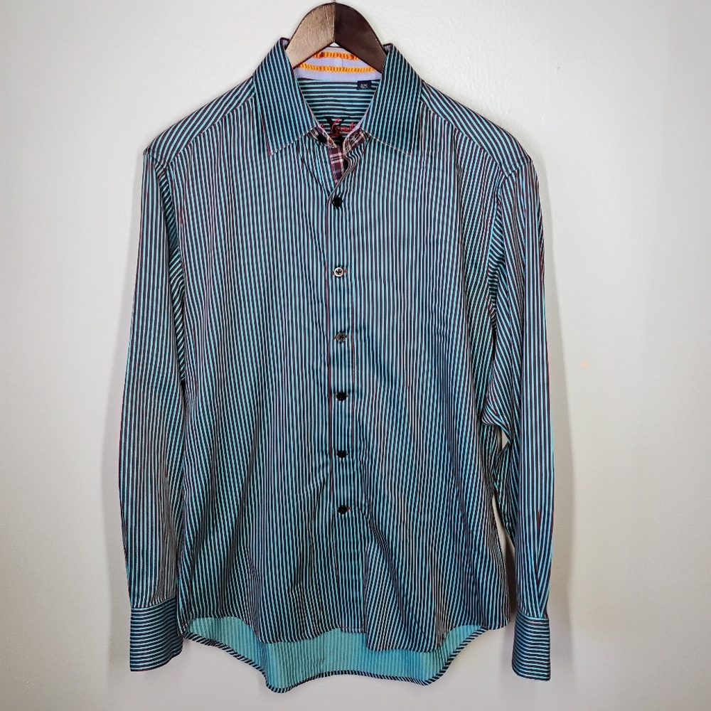 Robert Graham Striped Plaid Long Sleeve Button Down Shirt Mens Medium Blue Brown